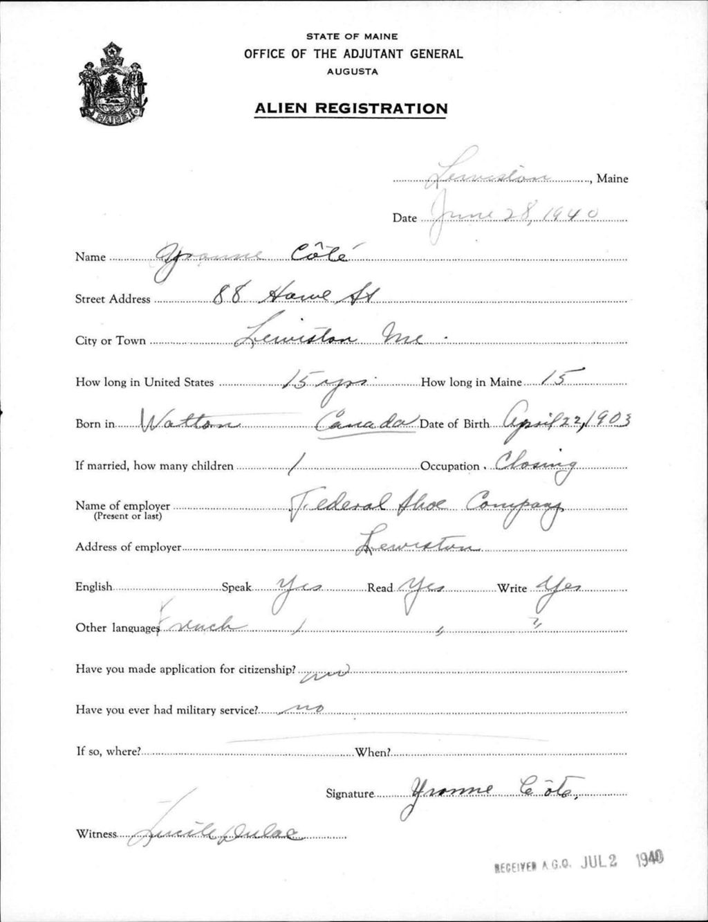 Miniature of Alien Registration- Cote, Yvonne (Lewiston, Androscoggin County)