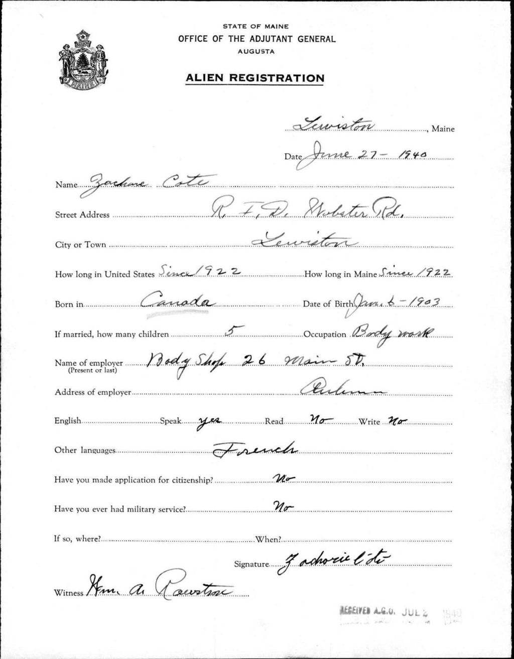 Miniature of Alien Registration- Cote, Zachorie (Lewiston, Androscoggin County)