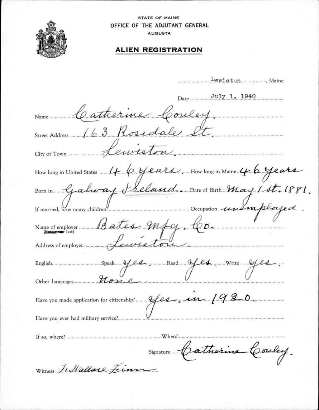 Miniature of Alien Registration- Conley, Catherine (Lewiston, Androscoggin County)