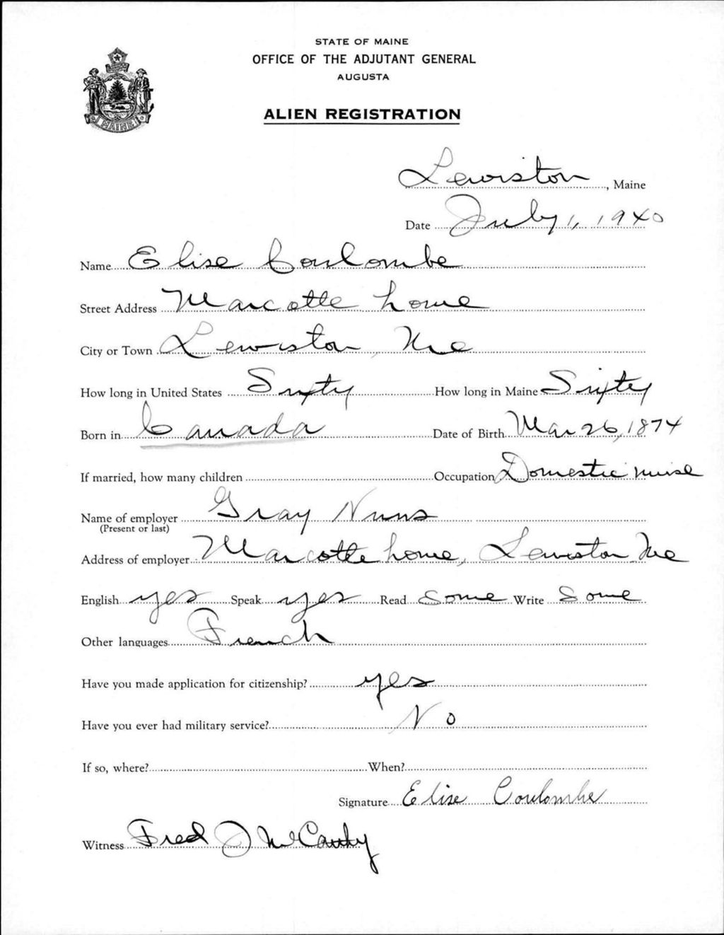Miniature of Alien Registration- Coulombe, Elise (Lewiston, Androscoggin County)