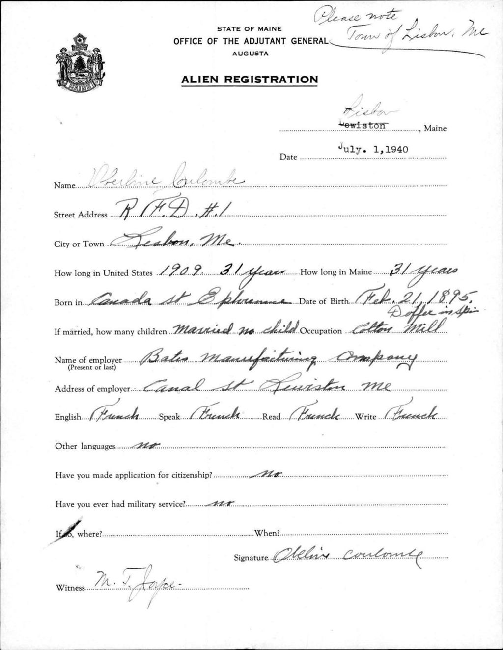 Miniature of Alien Registration- Coulombe, Oberline (Lewiston, Androscoggin County)