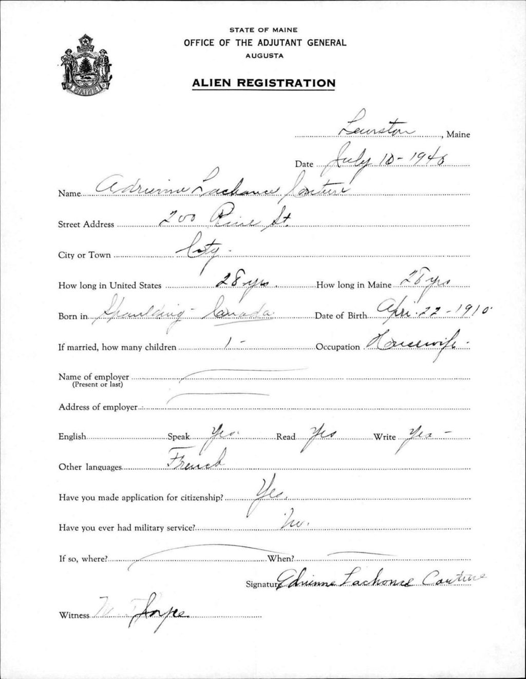 Miniature of Alien Registration- Lachance, Adrienne (Lewiston, Androscoggin County)