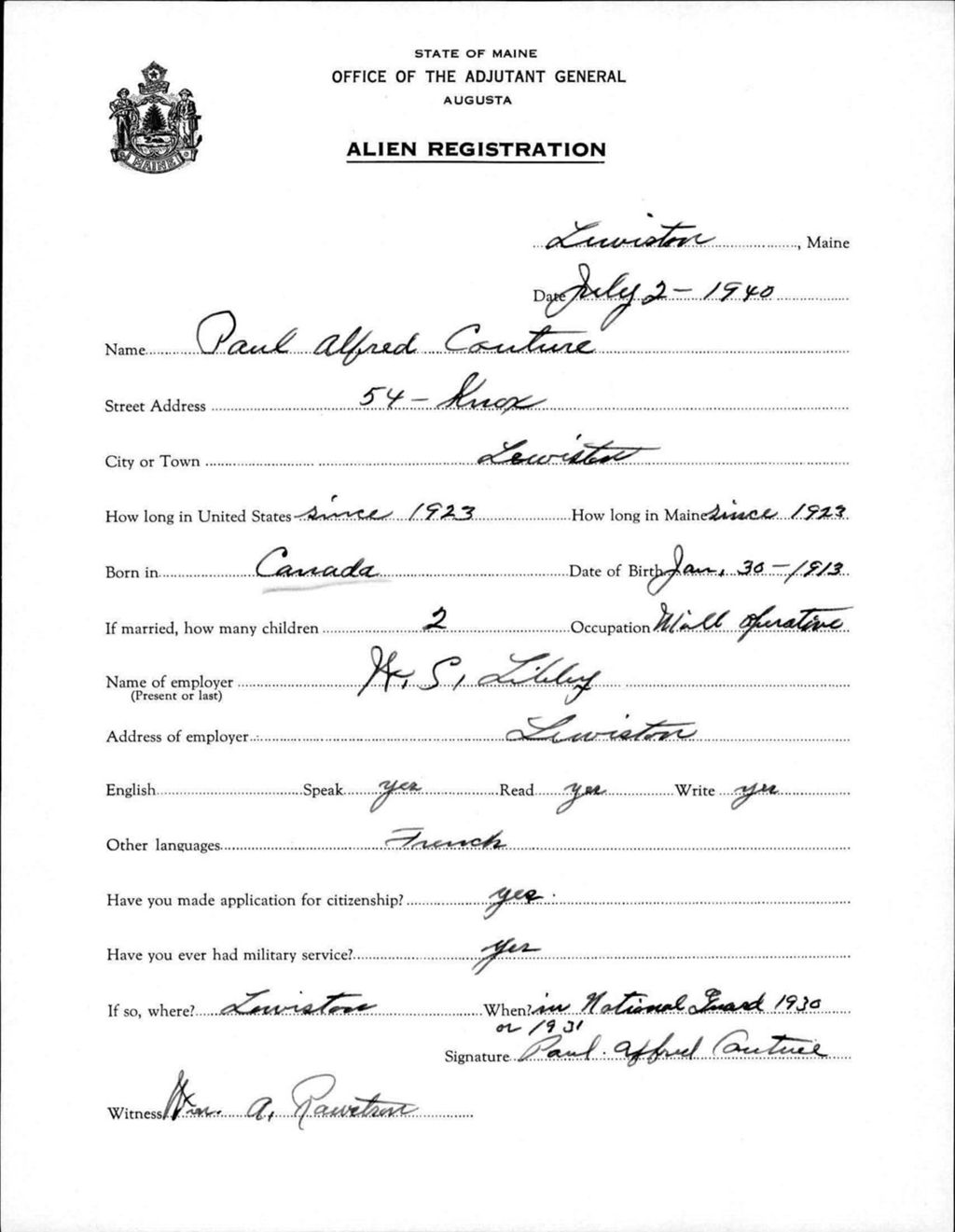 Miniature of Alien Registration- Couture, Paul A. (Lewiston, Androscoggin County)