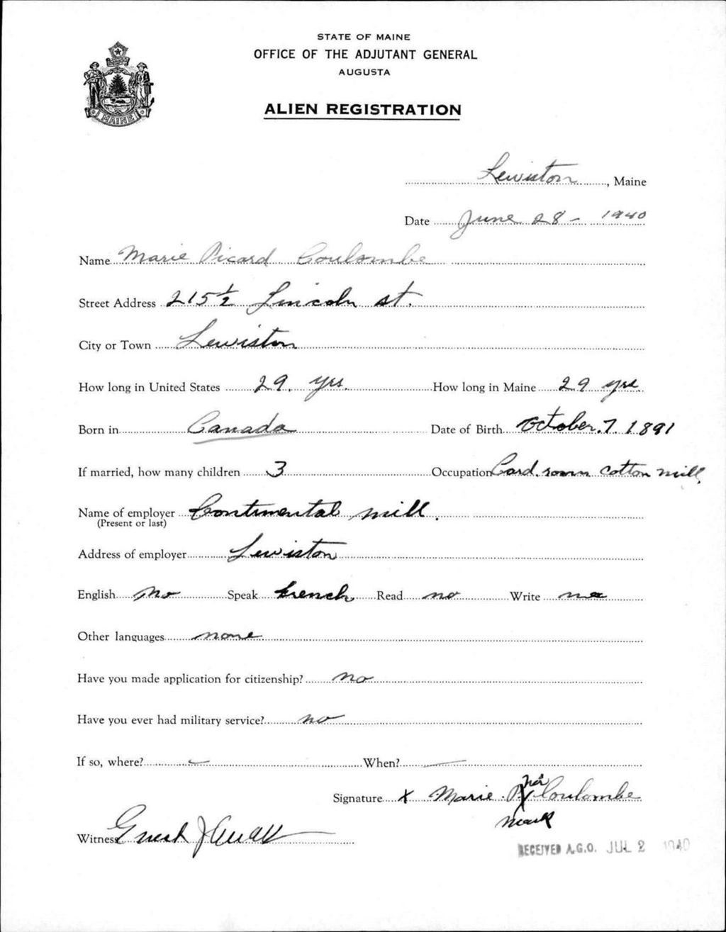 Miniature of Alien Registration- Picard, Marie (Lewiston, Androscoggin County)