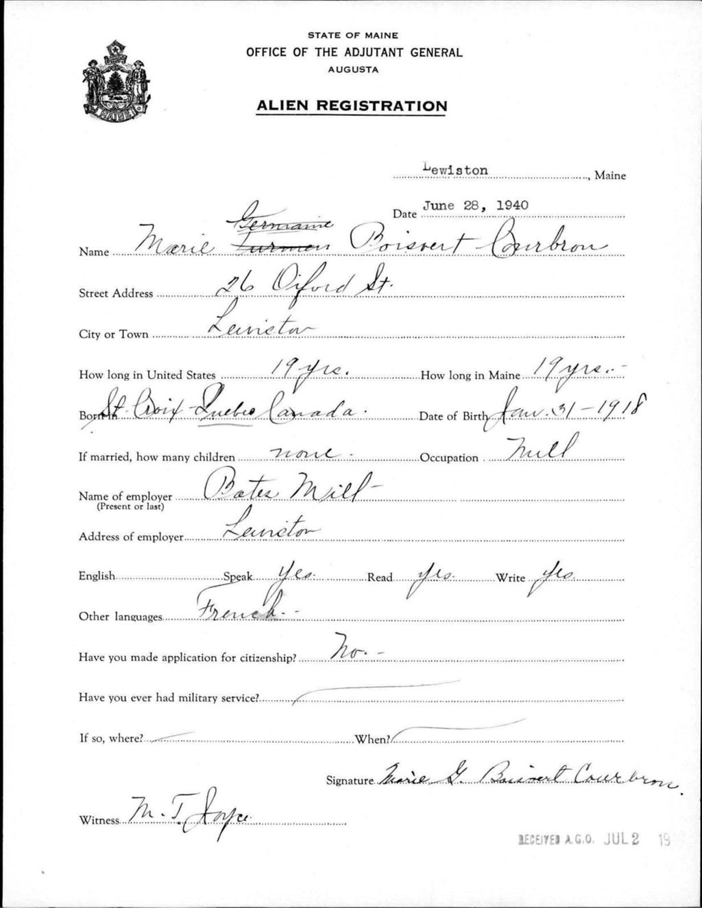 Miniature of Alien Registration- Boisvert, Marie (Lewiston, Androscoggin County)