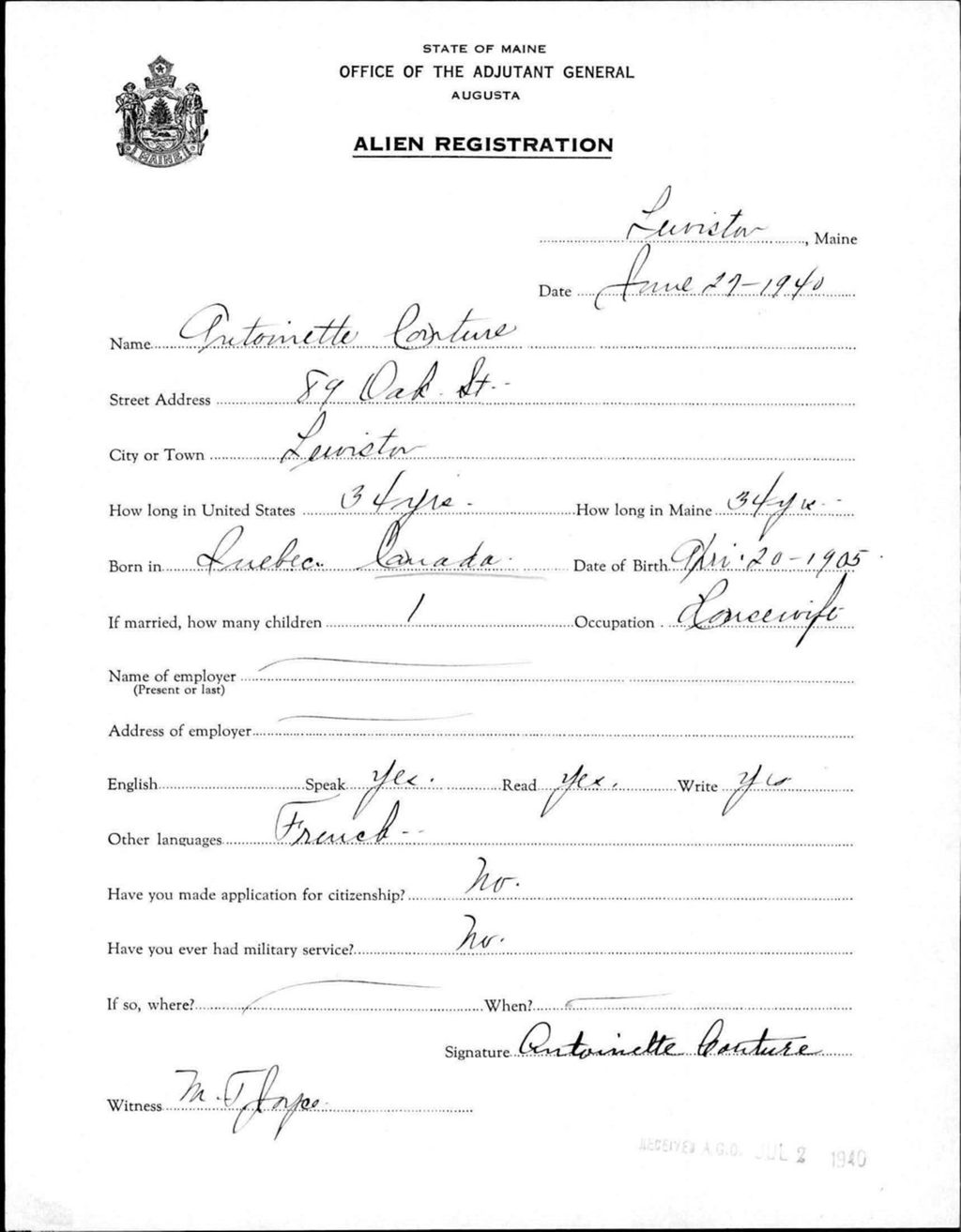 Miniature of Alien Registration- Couture, Antoinette (Lewiston, Androscoggin County)