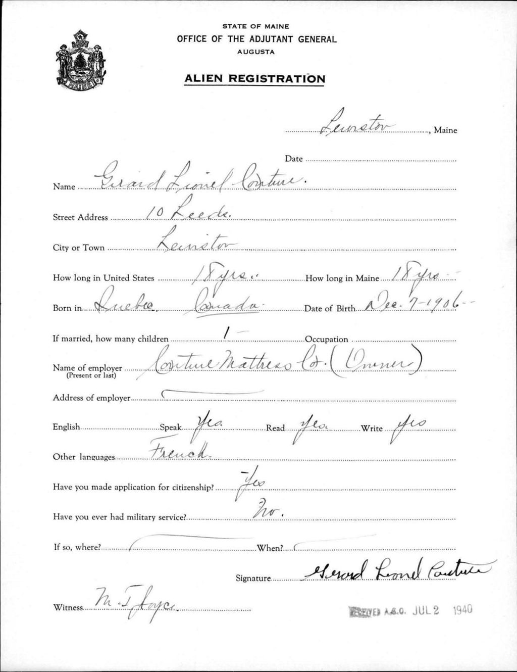 Miniature of Alien Registration- Couture, Gerard L. (Lewiston, Androscoggin County)