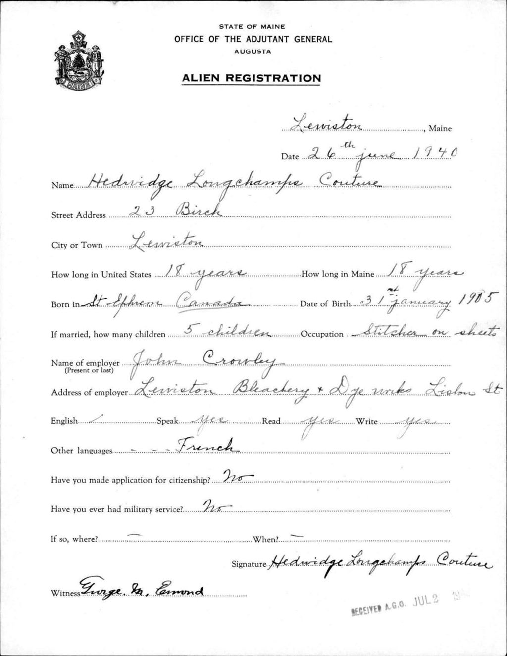 Miniature of Alien Registration- Longchamps, Hedridge (Lewiston, Androscoggin County)