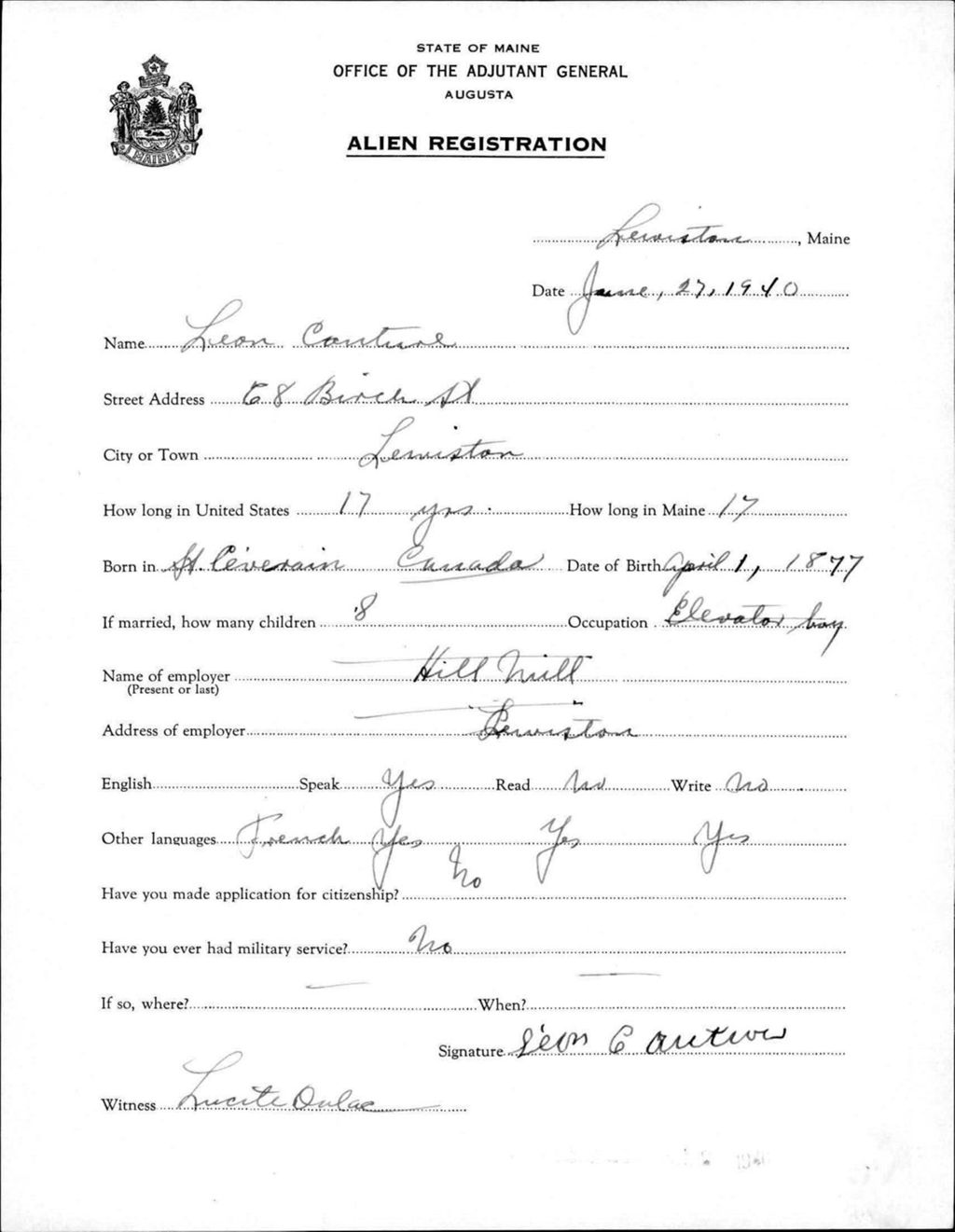 Miniature of Alien Registration- Couture, Leon (Lewiston, Androscoggin County)