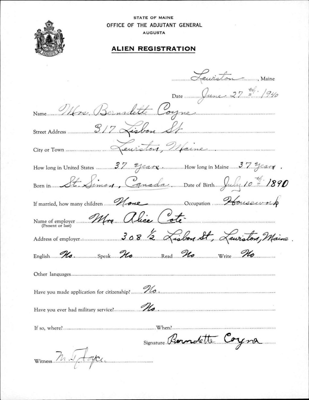 Miniature of Alien Registration- Coyne, Bernadette (Lewiston, Androscoggin County)
