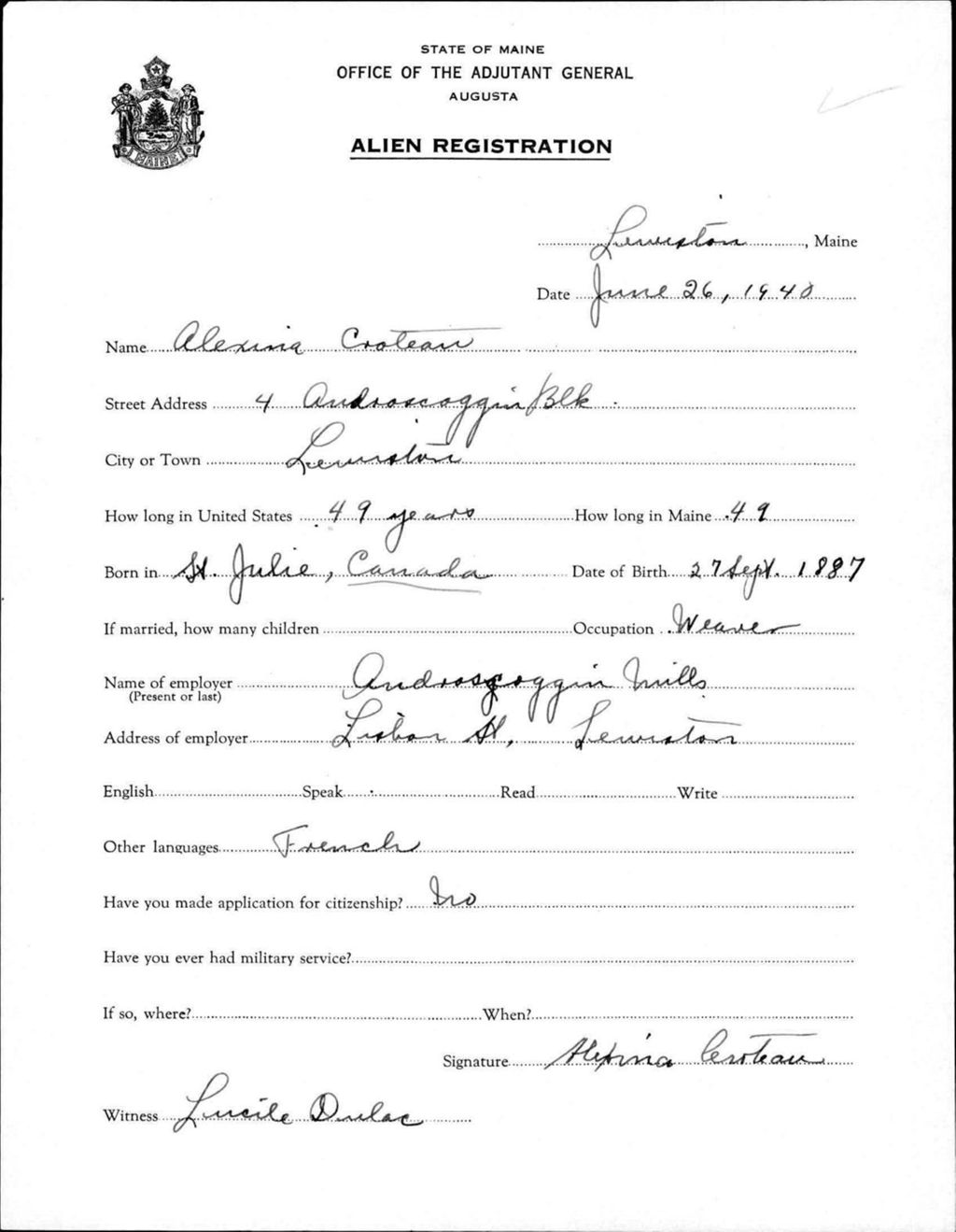 Miniature of Alien Registration- Croteau, Alexina (Lewiston, Androscoggin County)