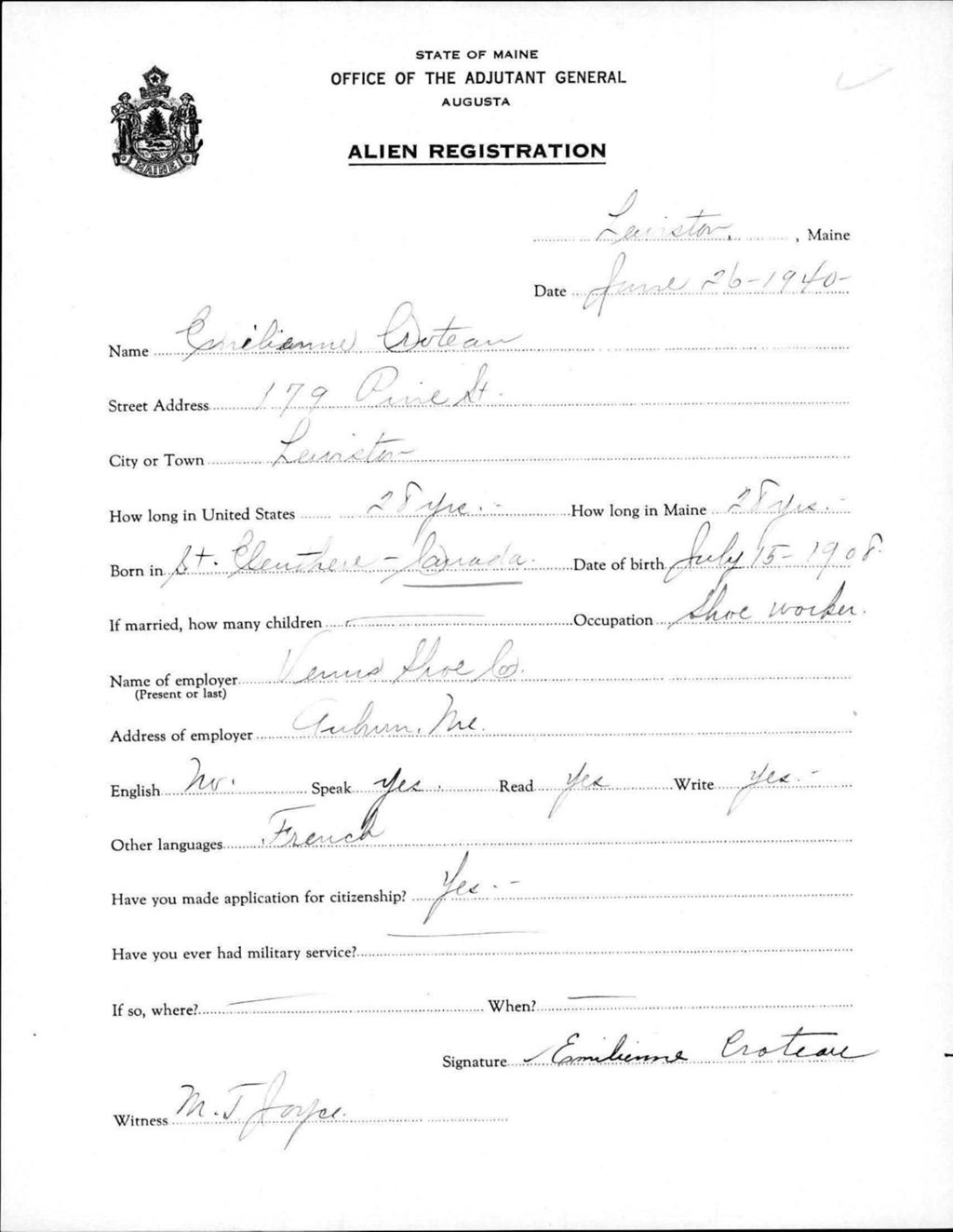 Miniature of Alien Registration- Croteau, Emilienne (Lewiston, Androscoggin County)