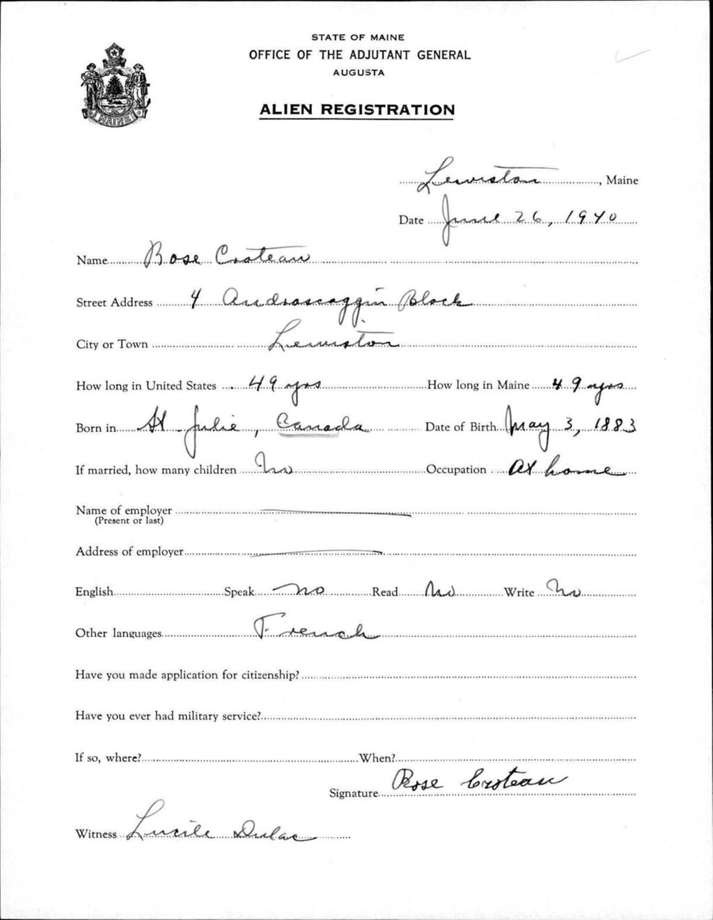 Miniature of Alien Registration- Croteau, Rose (Lewiston, Androscoggin County)