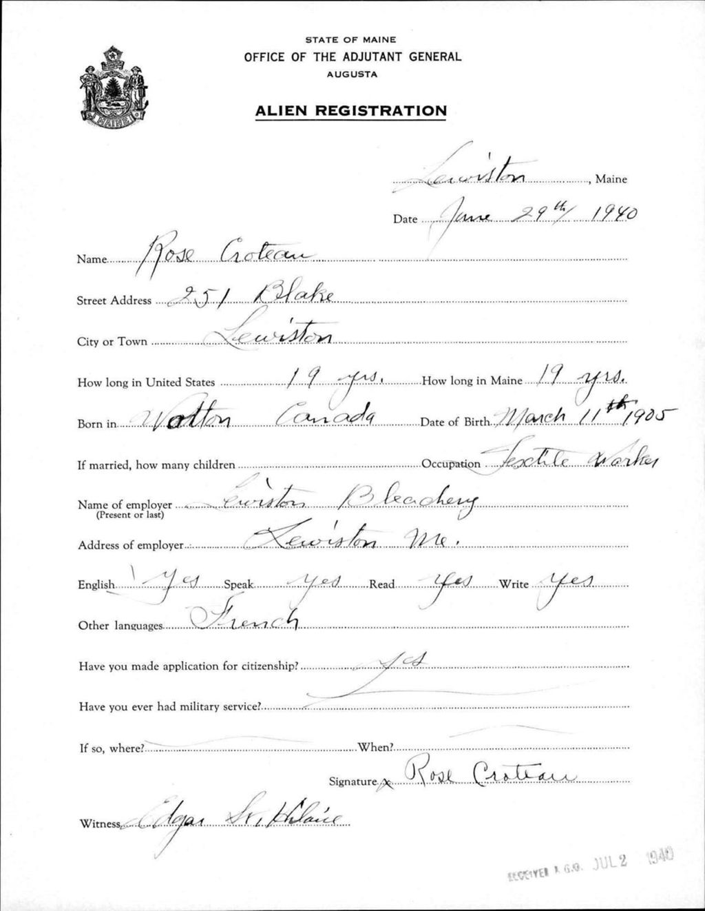 Miniature of Alien Registration- Croteau, Rose (Lewiston, Androscoggin County)