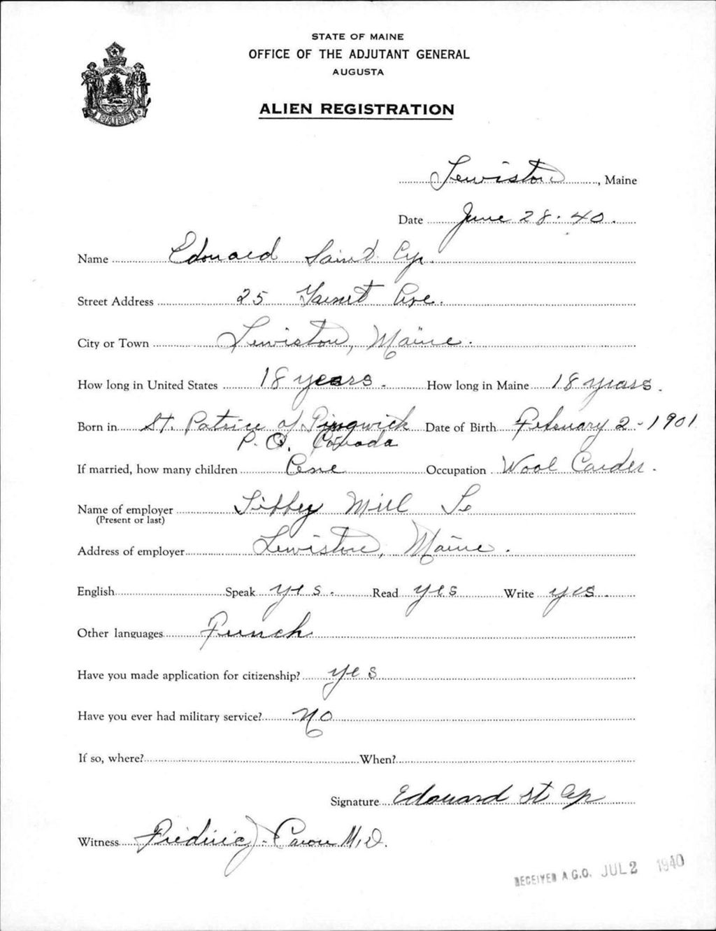 Miniature of Alien Registration- St. Cyr, Edouard (Lewiston, Androscoggin County)