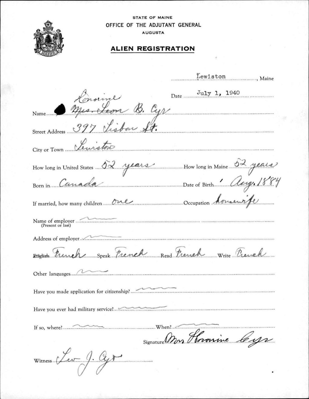 Miniature of Alien Registration- Cyr, Honorine (Lewiston, Androscoggin County)