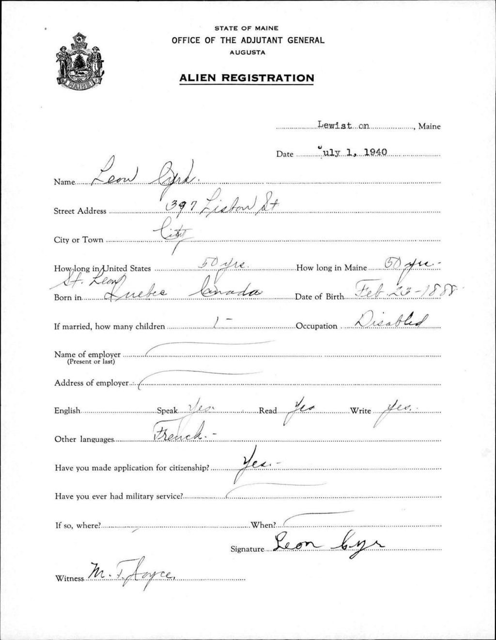 Miniature of Alien Registration- Cyr, Leon (Lewiston, Androscoggin County)