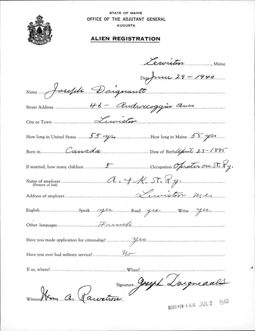 Miniature of Alien Registration- Daignault, Joseph (Lewiston, Androscoggin County)