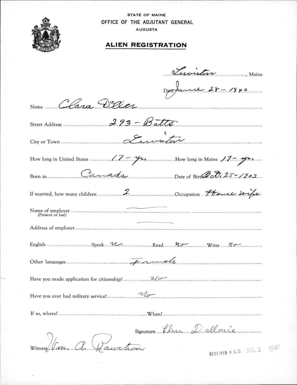 Miniature of Alien Registration- Dallaire, Clara (Lewiston, Androscoggin County)