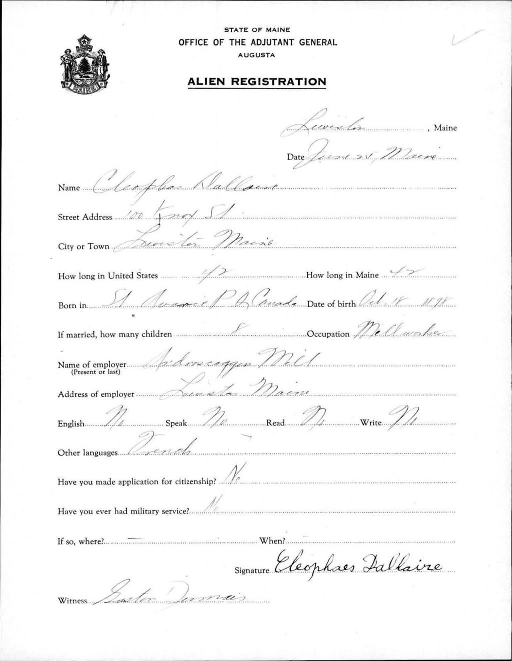 Miniature of Alien Registration- Dallaire, Cleoplios (Lewiston, Androscoggin County)