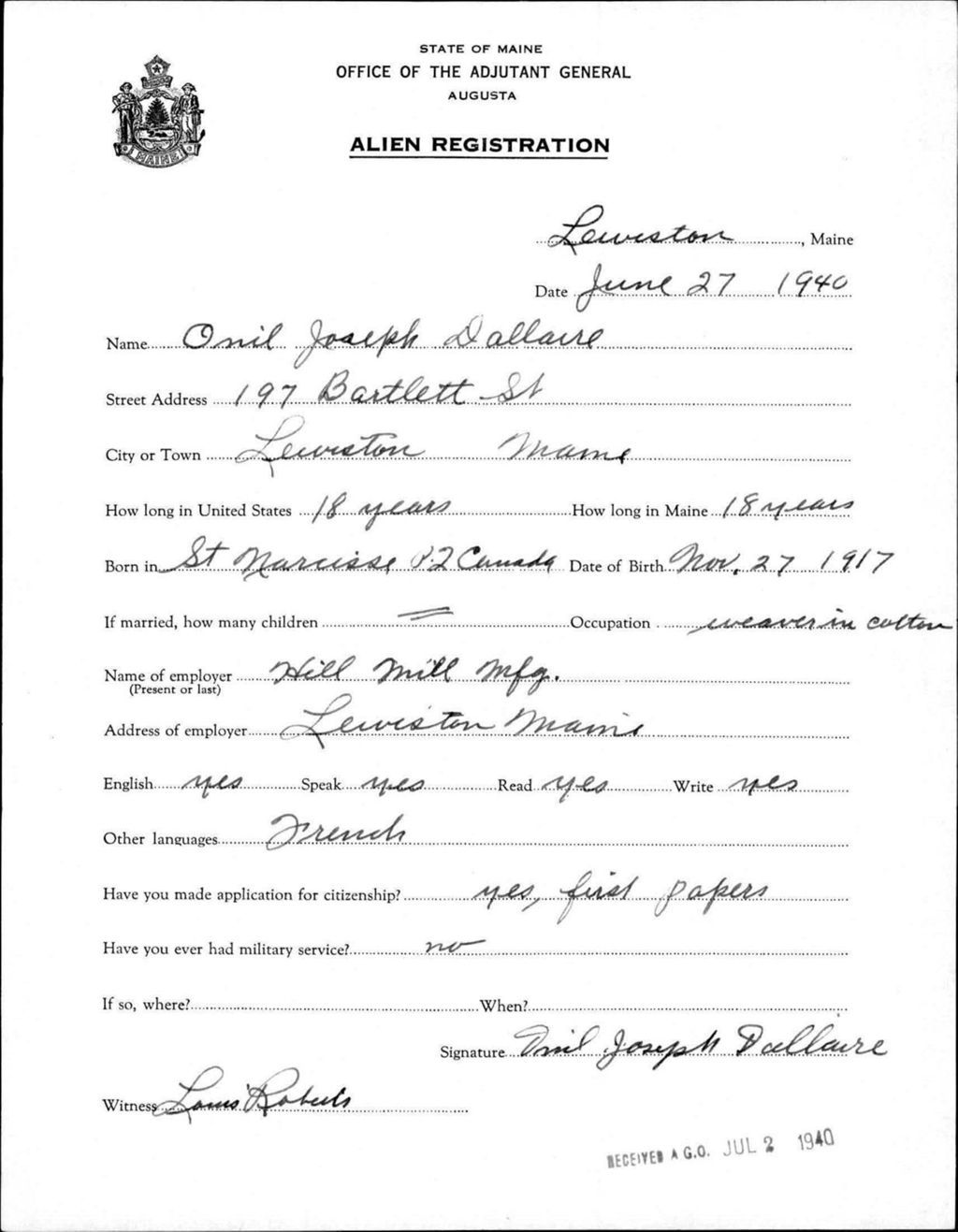 Miniature of Alien Registration- Dallaire, Onil J. (Lewiston, Androscoggin County)