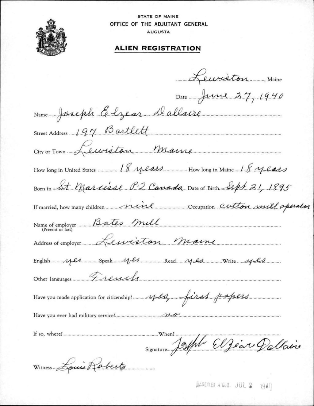 Miniature of Alien Registration- Dallaire, Joseph E. (Lewiston, Androscoggin County)