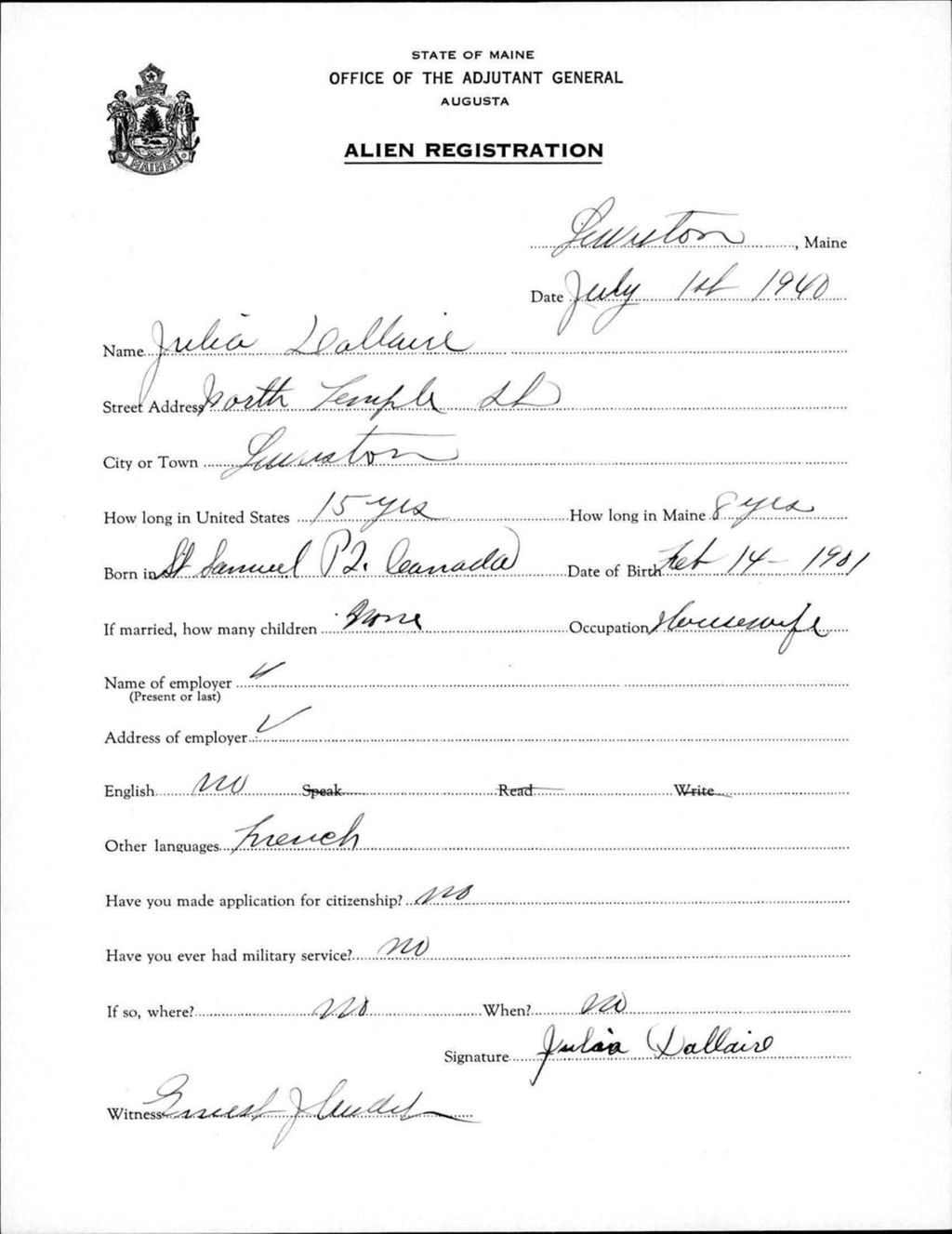 Miniature of Alien Registration- Dallaire, Julia (Lewiston, Androscoggin County)