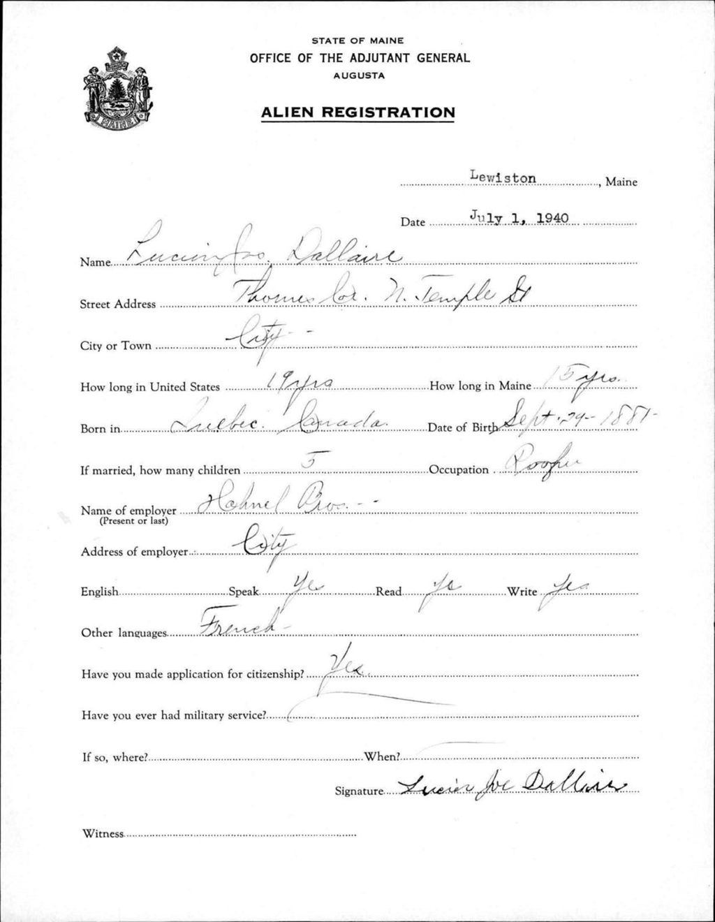 Miniature of Alien Registration- Dallaire, Lucien J. (Lewiston, Androscoggin County)