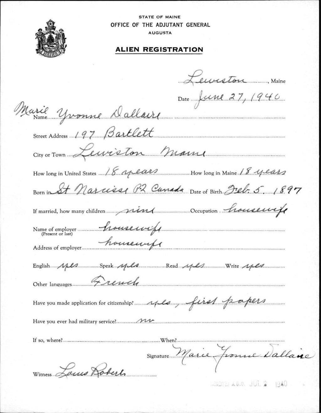 Miniature of Alien Registration- Dallaire, Marie Y. (Lewiston, Androscoggin County)