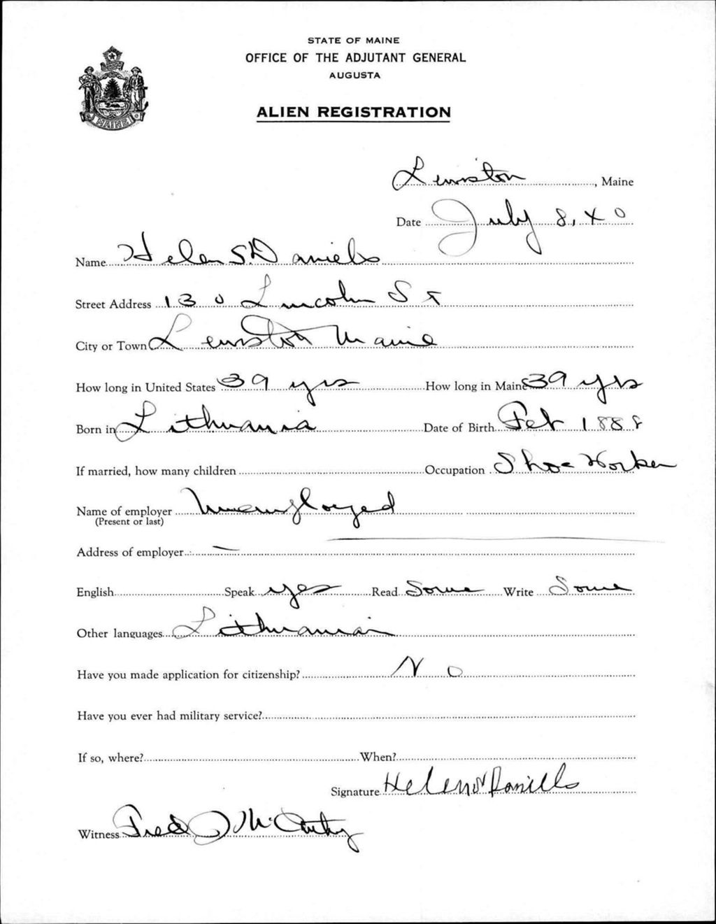 Miniature of Alien Registration- Daniels, Helen S. (Lewiston, Androscoggin County)