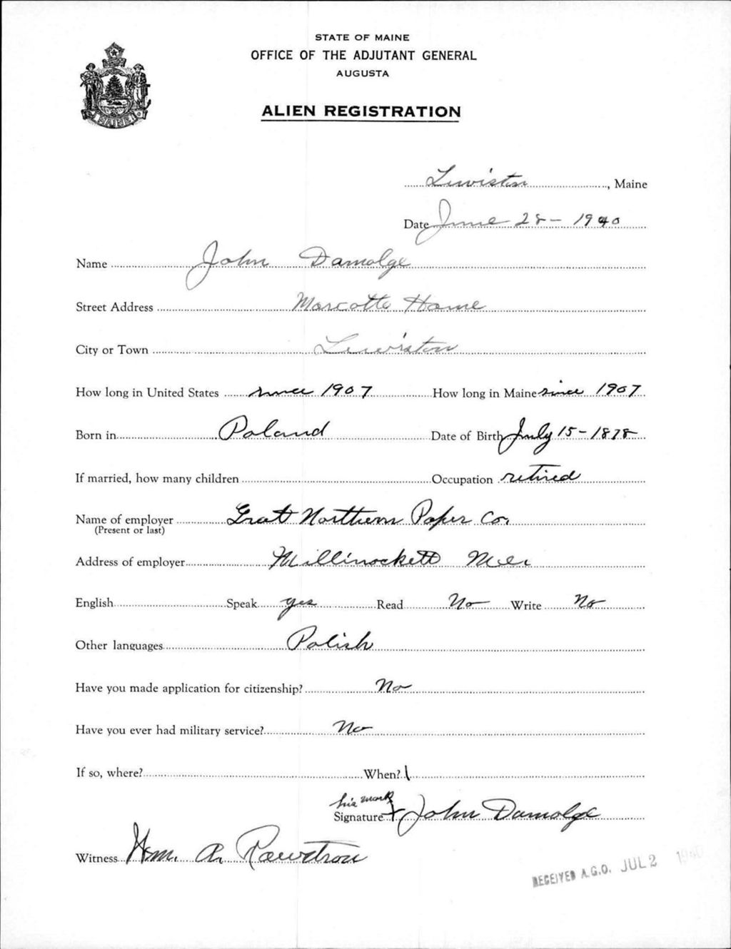 Miniature of Alien Registration- Damolge, John (Lewiston, Androscoggin County)
