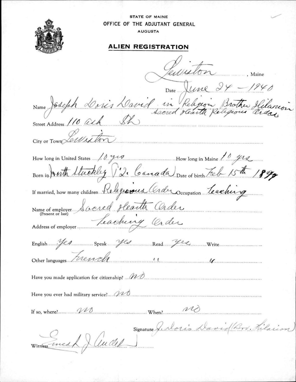 Miniature of Alien Registration- David, Joseph D. (Lewiston, Androscoggin County)