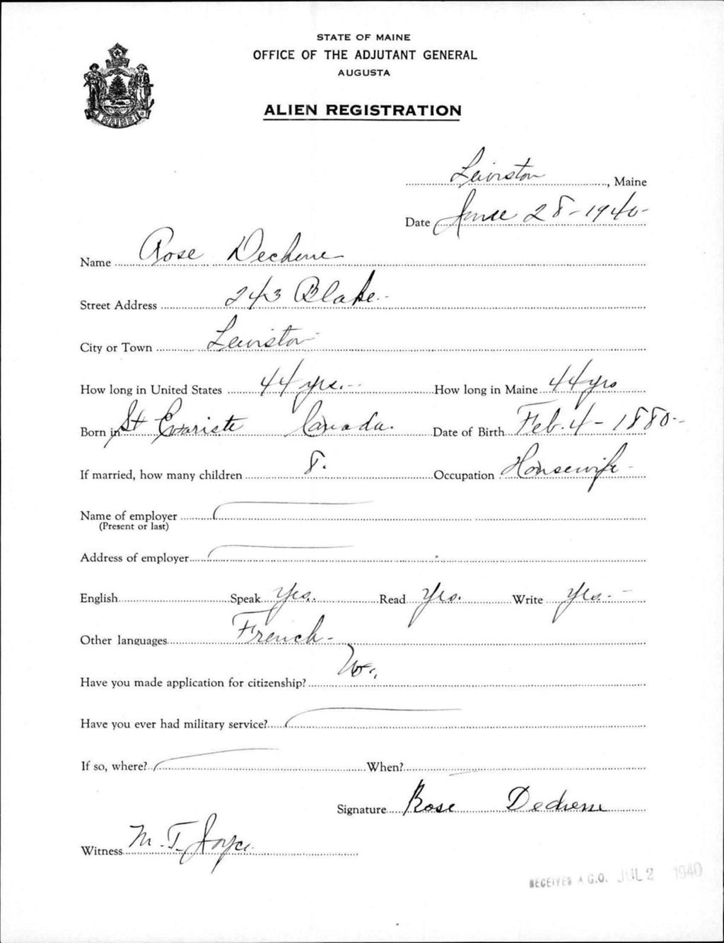 Miniature of Alien Registration- Dechene, Rose (Lewiston, Androscoggin County)