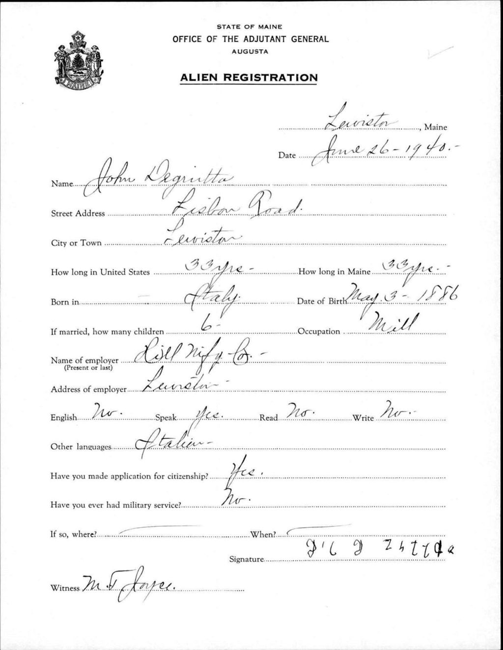 Miniature of Alien Registration- Degritta, John (Lewiston, Androscoggin County)