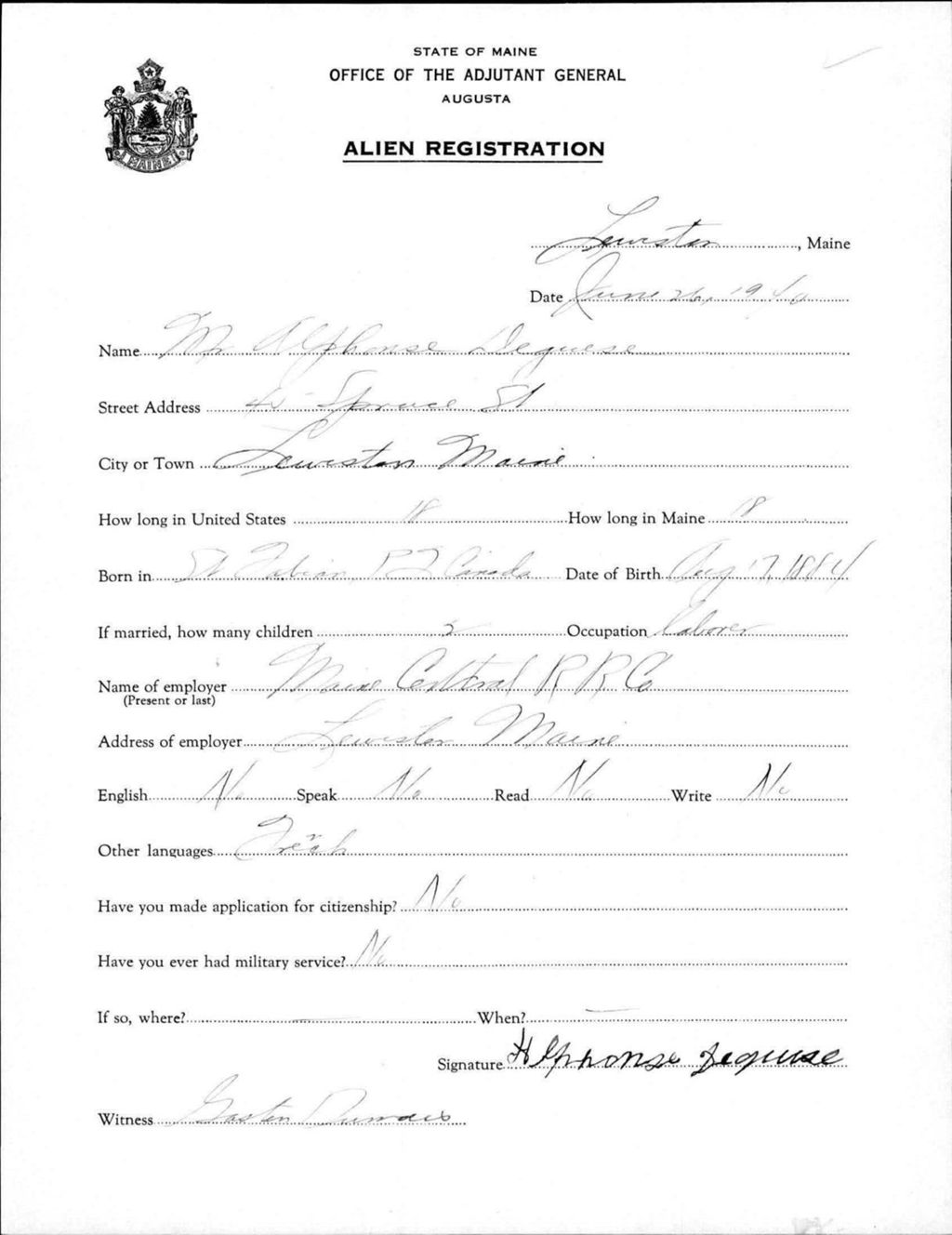 Miniature of Alien Registration- Deguese, Alphonse (Lewiston, Androscoggin County)