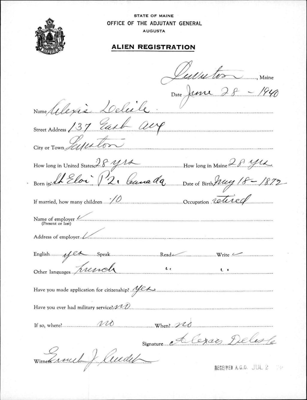 Miniature of Alien Registration- Delisle, Alexis (Lewiston, Androscoggin County)