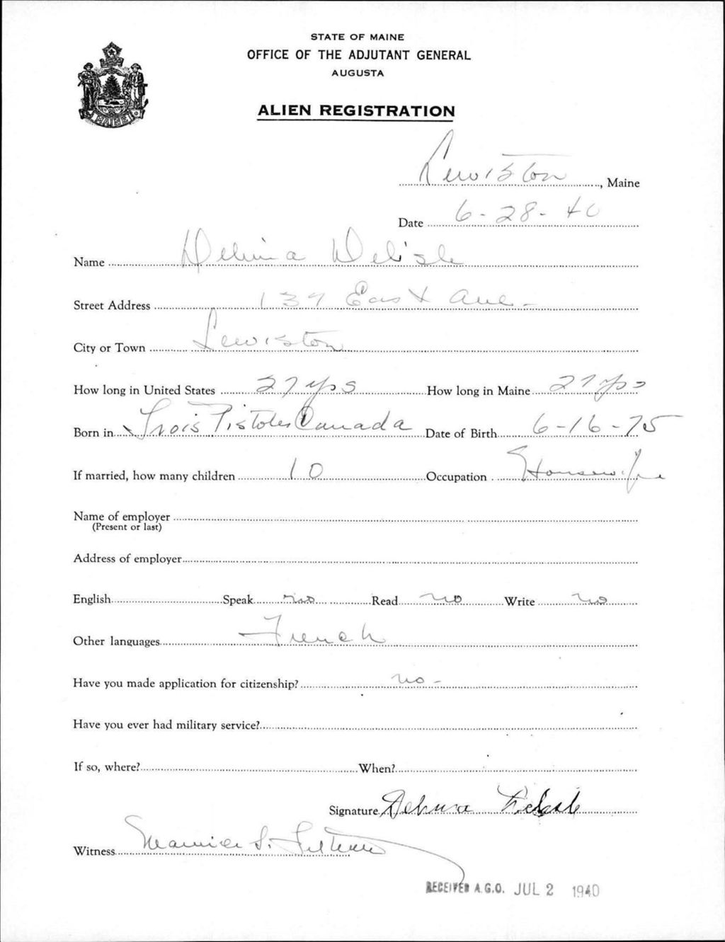 Miniature of Alien Registration- Delisle, Delina (Lewiston, Androscoggin County)