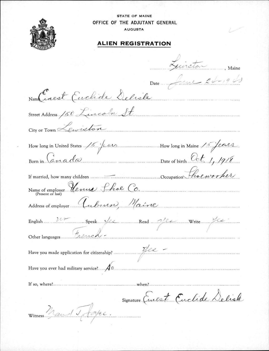 Miniature of Alien Registration- Delisle, Ernest E. (Lewiston, Androscoggin County)