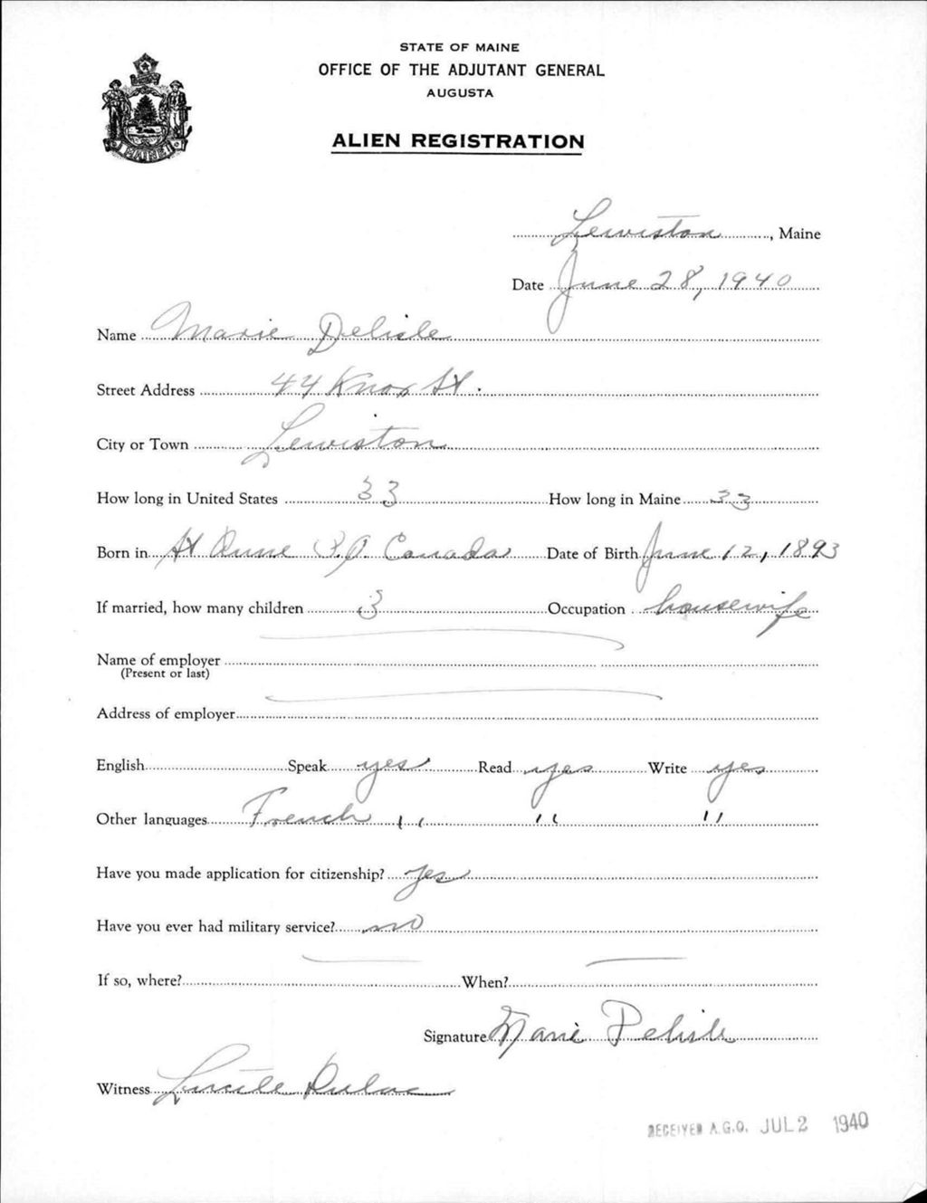 Miniature of Alien Registration- Delisle, Marie (Lewiston, Androscoggin County)
