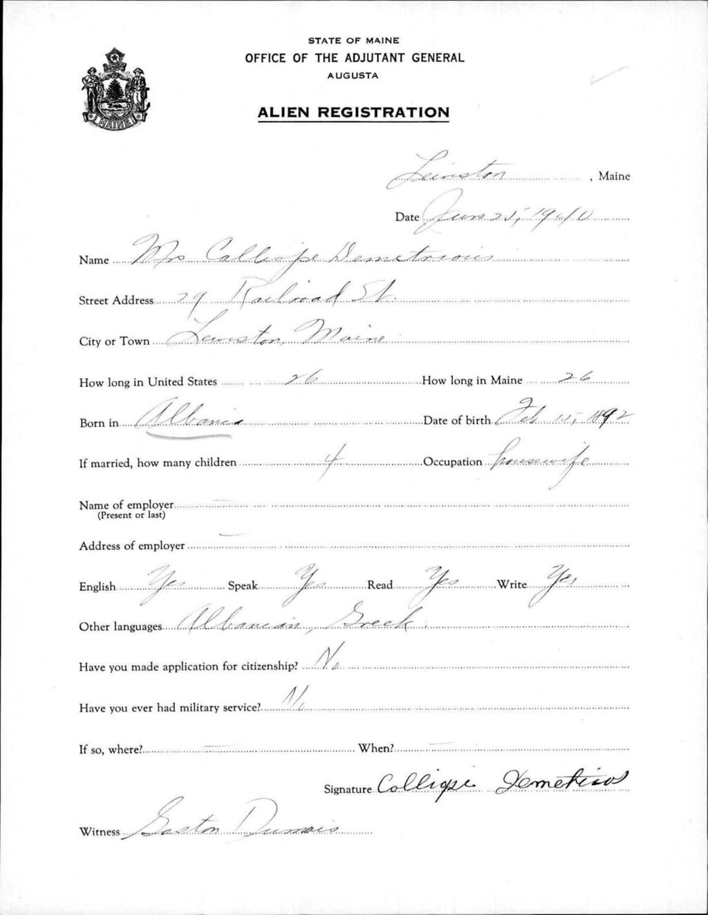 Miniature of Alien Registration- Demetrios, Callope (Lewiston, Androscoggin County)