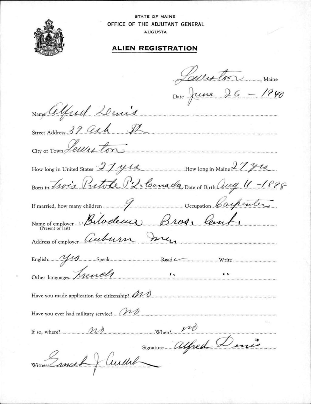 Miniature of Alien Registration- Denis, Alfred (Lewiston, Androscoggin County)