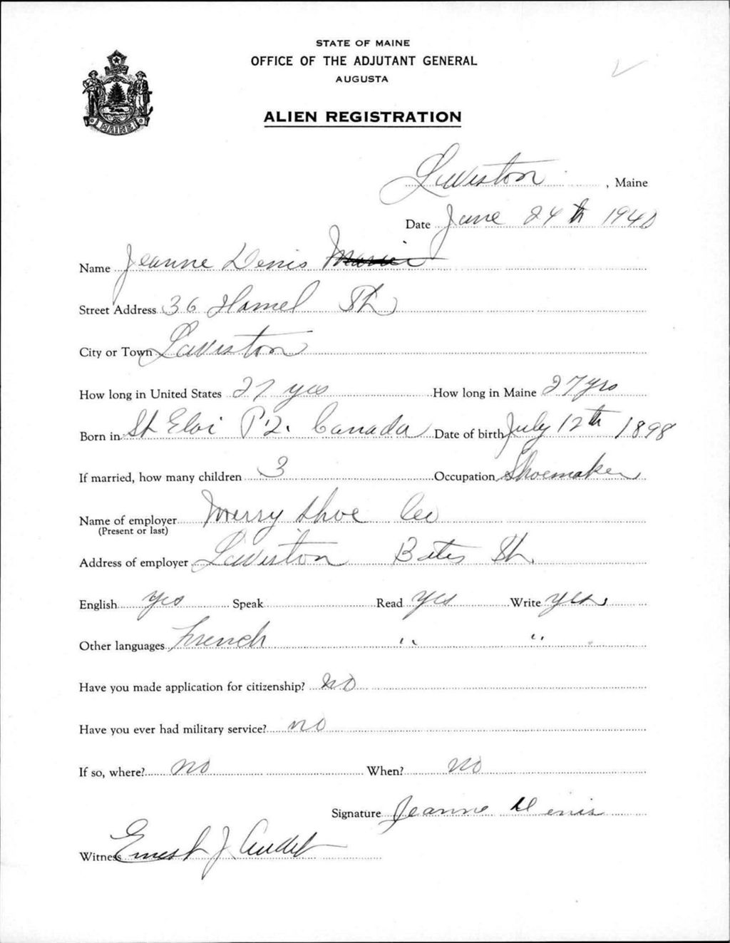 Miniature of Alien Registration- Denis, Jeanne (Lewiston, Androscoggin County)