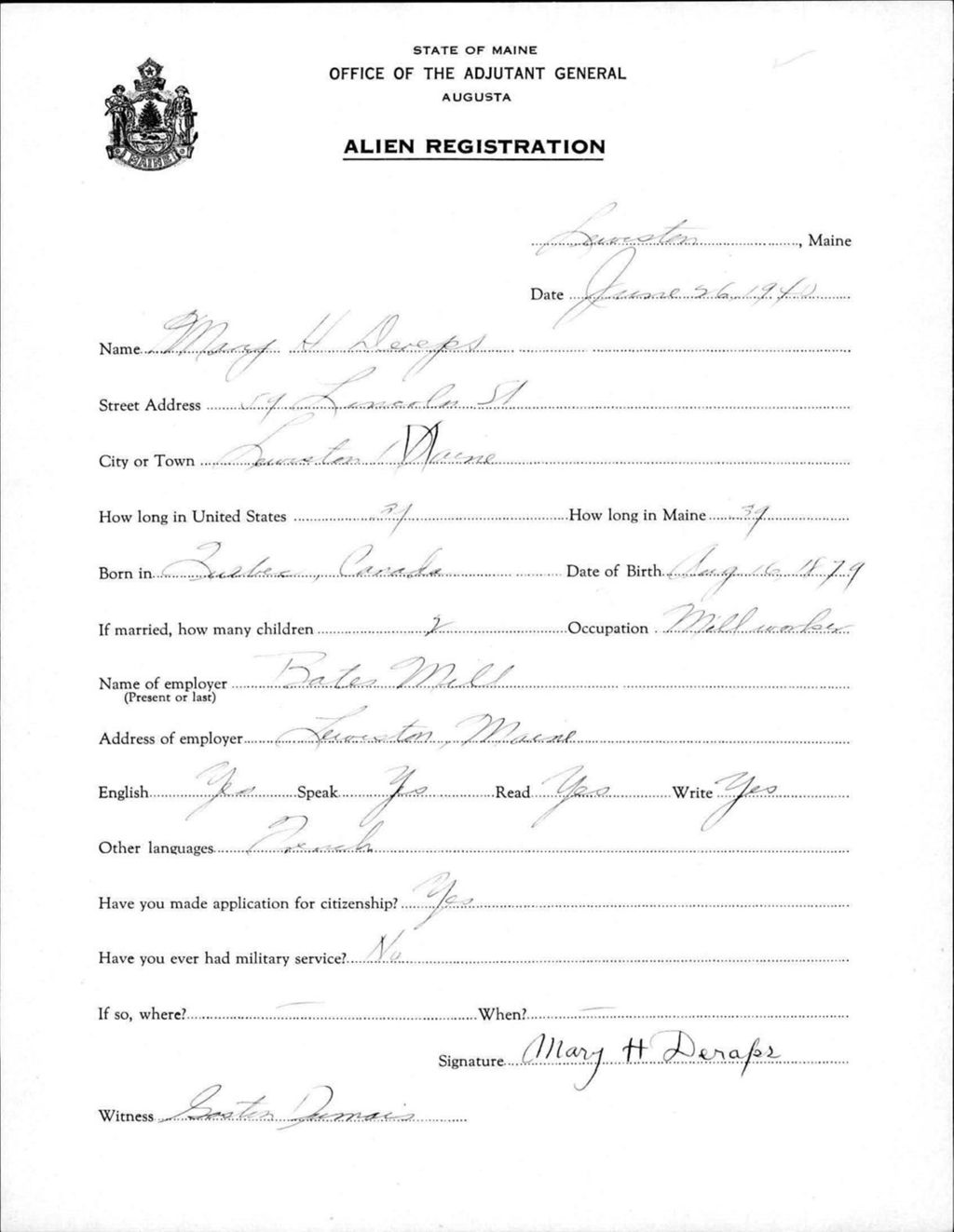 Miniature of Alien Registration- Dereps, Mary H. (Lewiston, Androscoggin County)