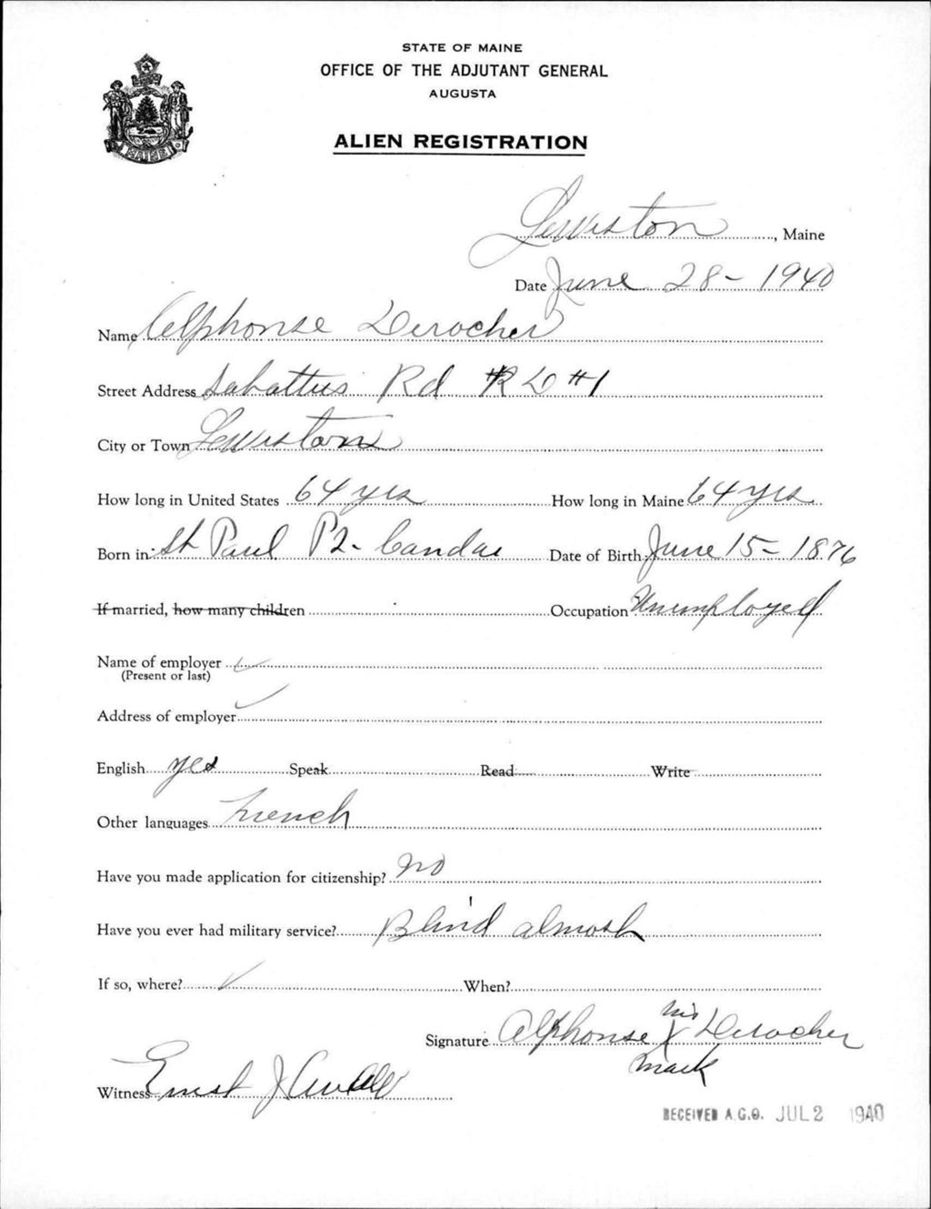 Miniature of Alien Registration- Derocher, Alphonse (Lewiston, Androscoggin County)