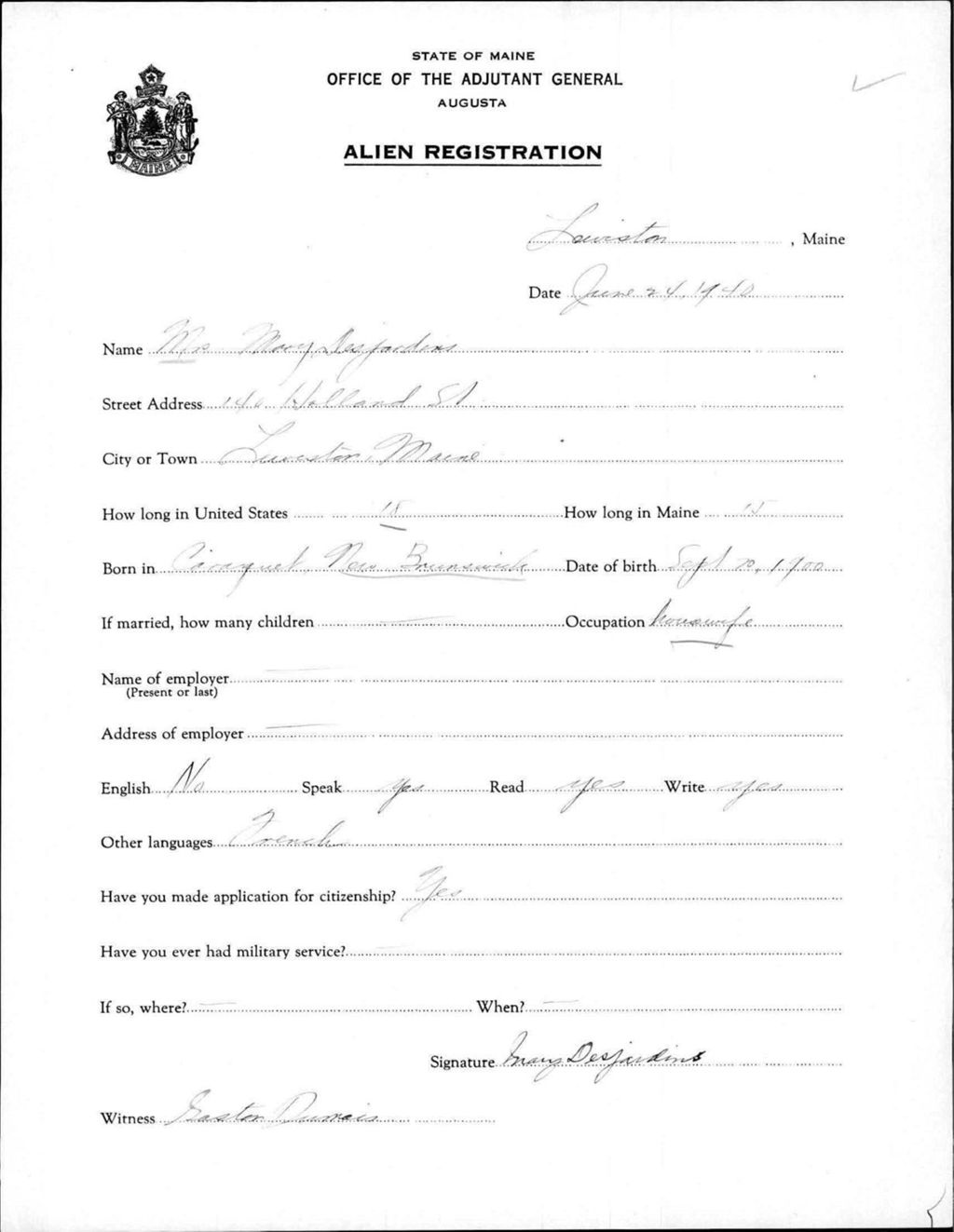 Miniature of Alien Registration- Desjardins, Mary (Lewiston, Androscoggin County)
