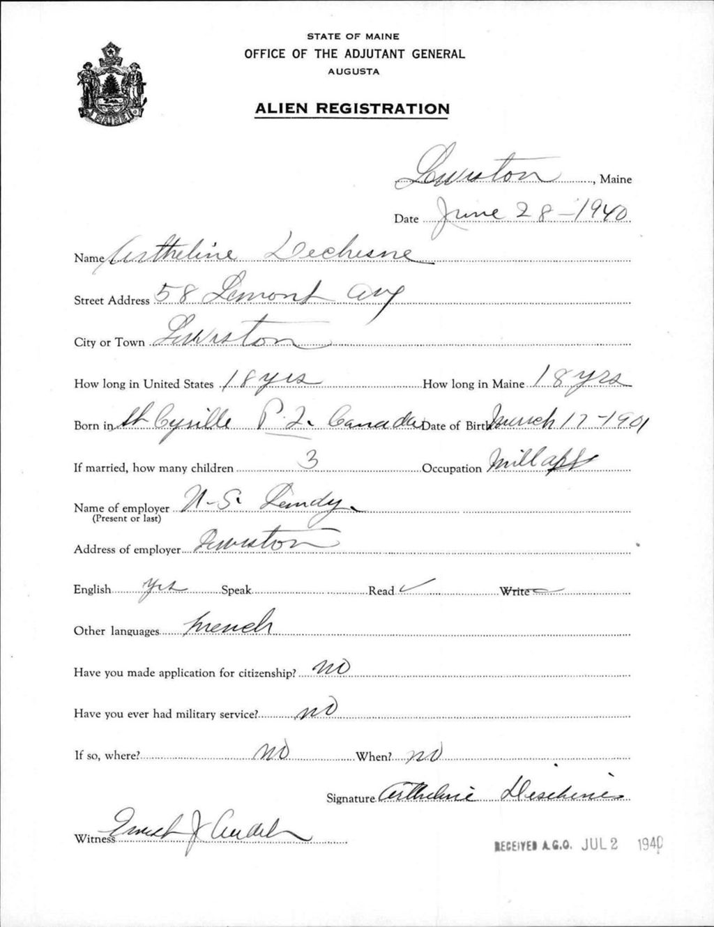 Miniature of Alien Registration- Dechisne, Artheline (Lewiston, Androscoggin County)