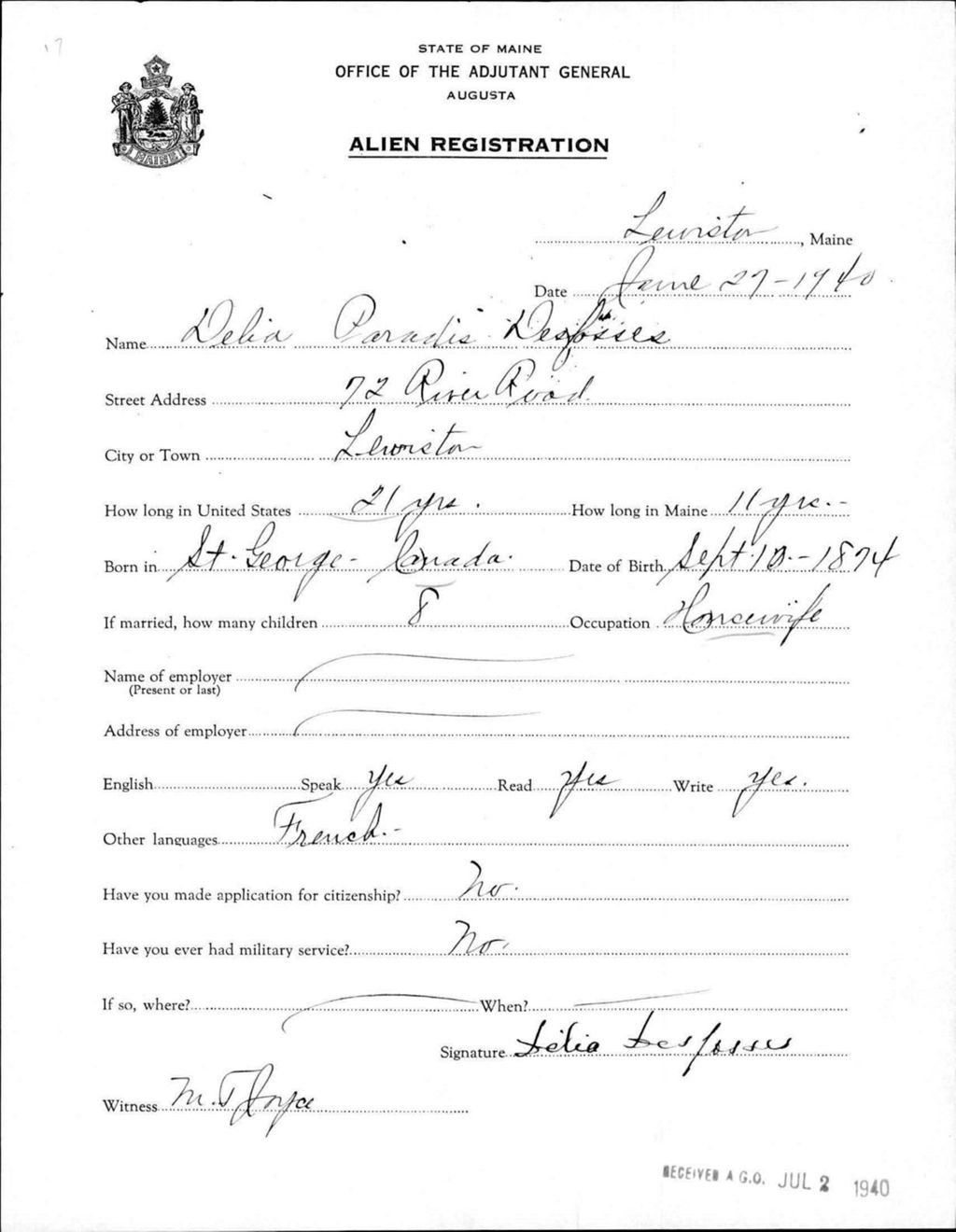 Miniature of Alien Registration- Paradis, Delia (Lewiston, Androscoggin County)