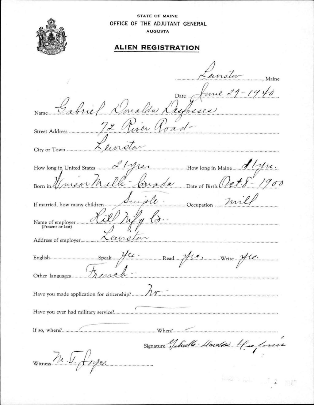 Miniature of Alien Registration- Desfosses, Gabriel D. (Lewiston, Androscoggin County)
