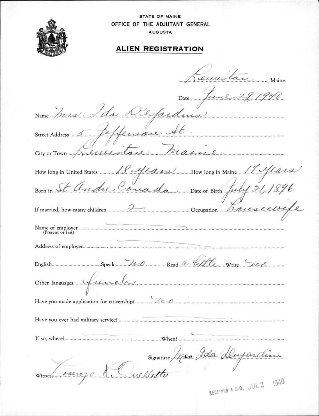 Miniature of Alien Registration- Desjardins, Ida (Lewiston, Androscoggin County)