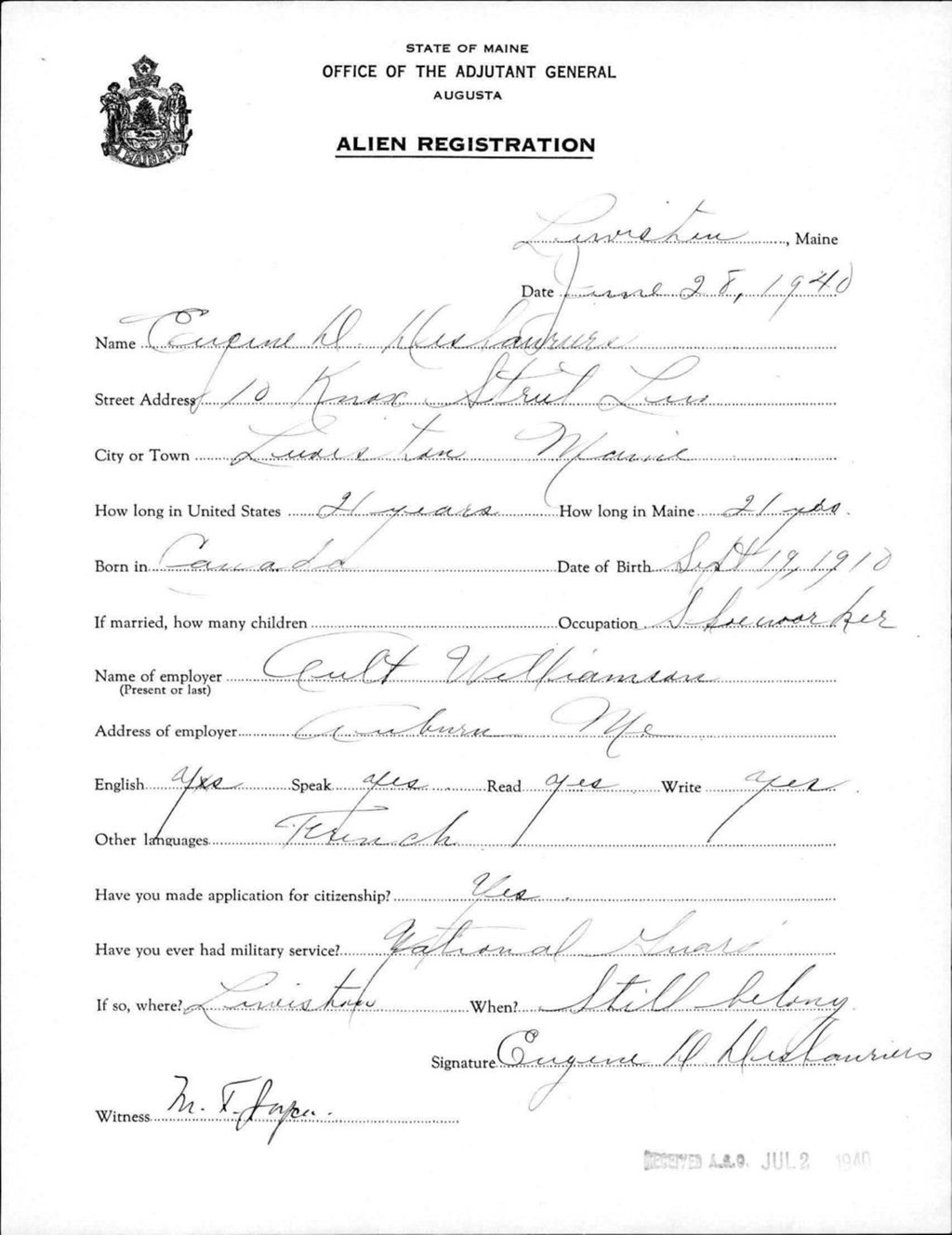 Miniature of Alien Registration- Deslauriers, Eugene D. (Lewiston, Androscoggin County)